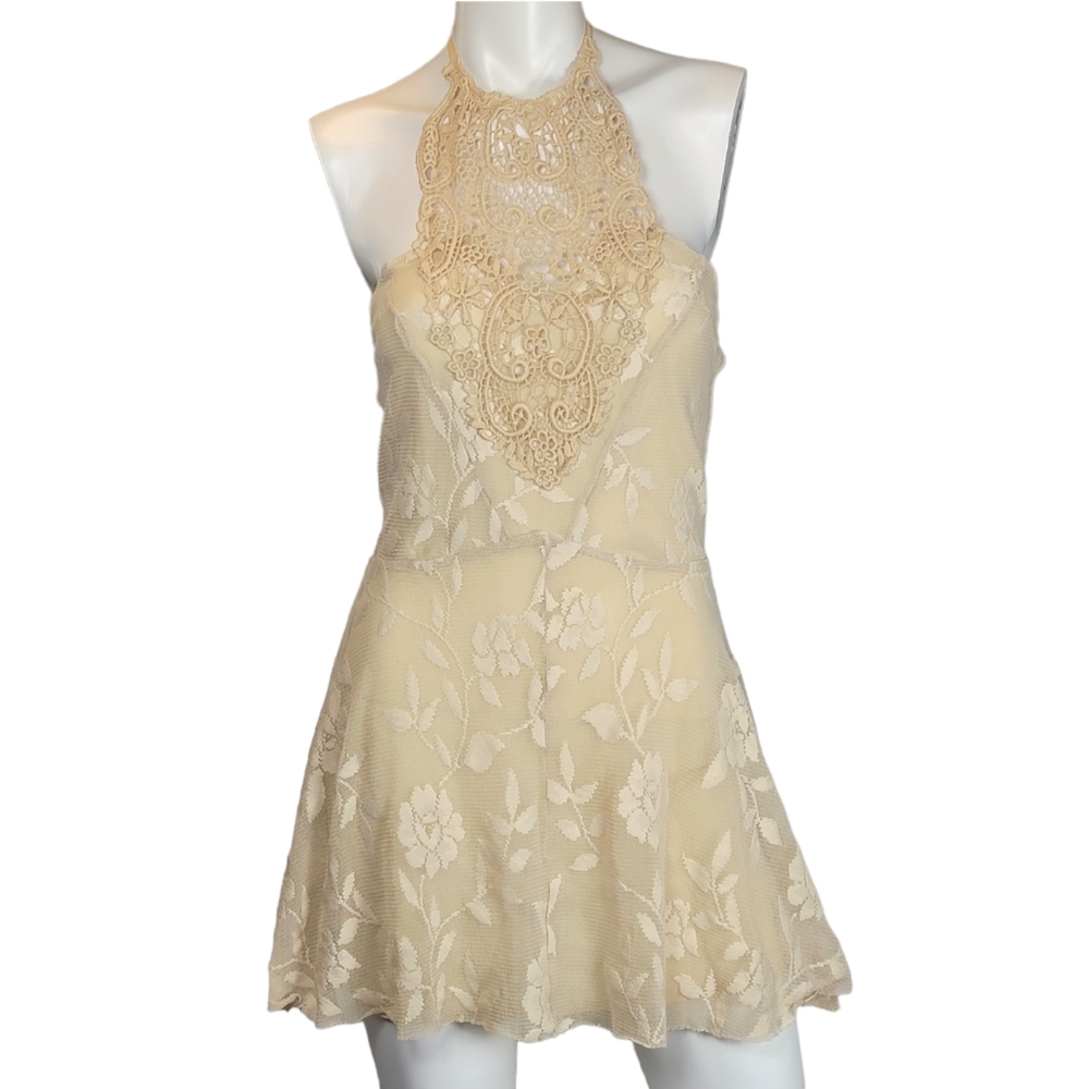 Free People Cream Floral Lace and Crochet Halter Mini Dress, EUC, size Medium